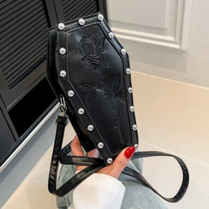 Women Crossbody Bag Coffin Shape PU Gothic Embroidery Shopper Bag (Black) - Picture 1 of 10