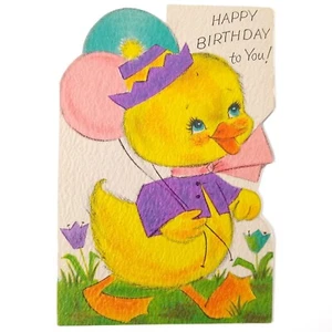 Tarjeta de felicitación de cumpleaños troquelada años 60 Rust Craft antropomórfica de pato amarillo firmada - Imagen 1 de 6