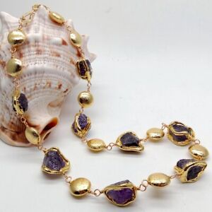 Natural Amethyst Rough Nugget With Electroplated Edge Brushed Bead Necklace 23"