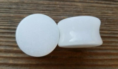 RARO! PAR DE TAPONES PLANOS DE ÁGATA BLANCA REAL MEDIDORES JOYERÍA CORPORAL DOBLE ACAMPANADO Foto 1 de 4