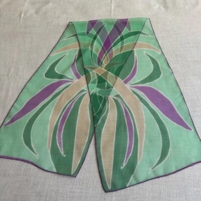 •Vera Neuman Floral Rectangle Logo Scarf Green Purple 14”x59” Made In Japan NWOT - Image 1 of 4