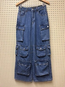 Fashion nova Jeans Women 7 Blue Cargo Hi-Rise 90s Y2K Baggy Wide-Leg NEW - Picture 1 of 12
