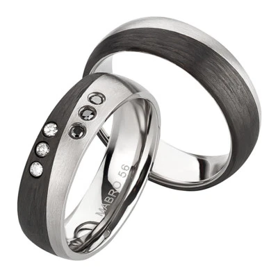 Paar Ringe mit Diamant Ehering Verlobungsring Hochzeitringe Titan Carbonringe - Bild 1 von 4