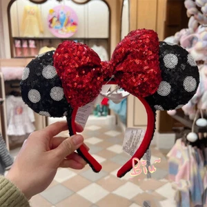 Disney Parks Polka Dot Red Bow Minnie Mickey Mouse Sequin Black Ears Headband US - Picture 1 of 8