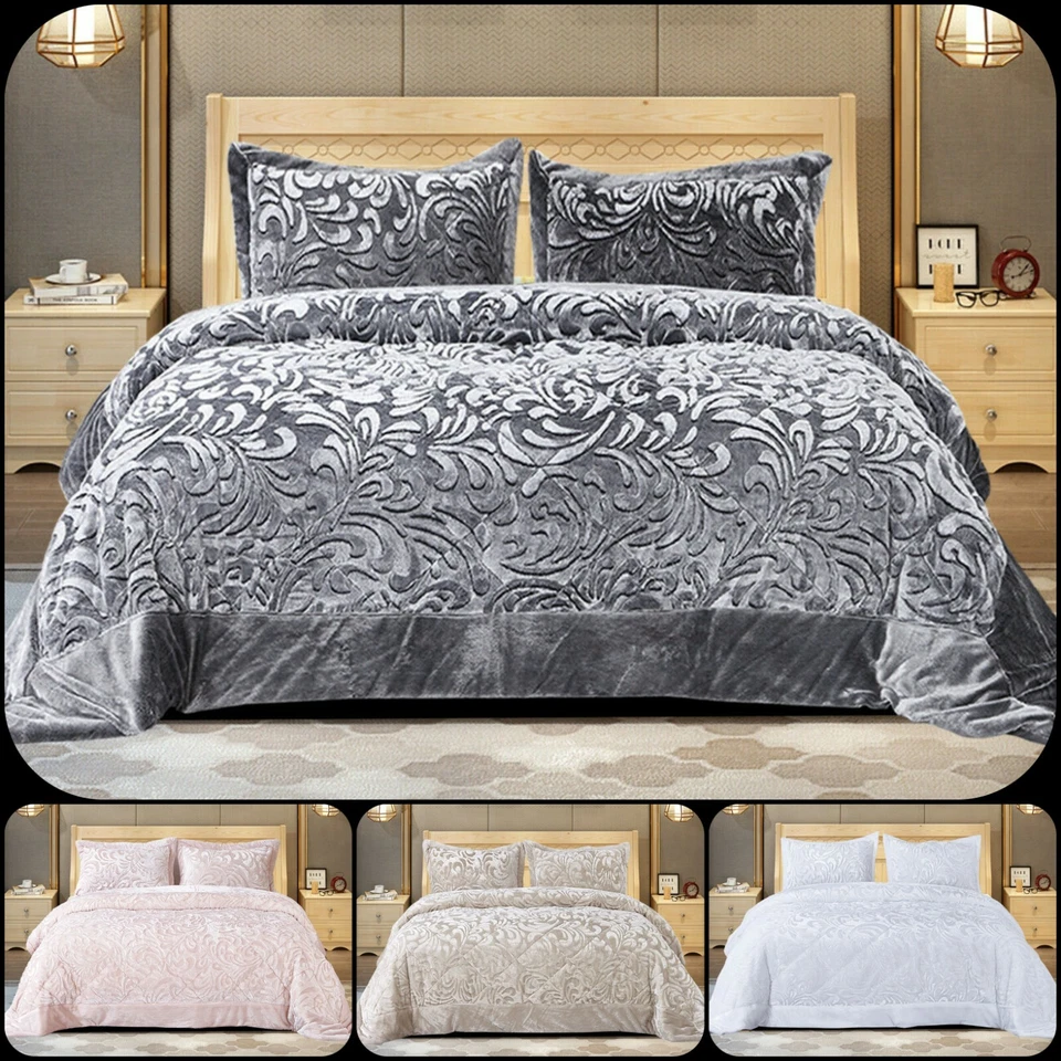 3 Piece Soft Quilted Velvet Bedspread Comforter Bed Throw Bedding Set all sizes - Image 1 of 1