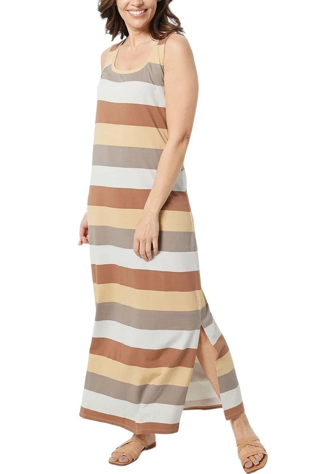 Isaac Mizrahi Live! Vestido maxi regata listrado largo estampado neutro - Imagem 1 de 1