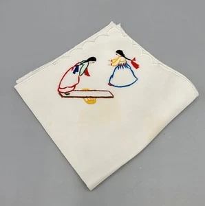 Vintage Hand Embroidered Girls Dress Playing Teeter Totter Handkerchief Hankie - Picture 1 of 6