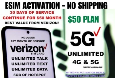 VERIZON 😃 ESIM  ACTIVATION ✅ $50 UNLIMITED MONTH INCLUDED  ✅ NO SHIPPING - Image 1 of 4
