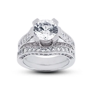 Juego de novia a juego estilo vintage de diamantes naturales redondos de 4,22 quilates D SI1 18 k - Imagen 1 de 6