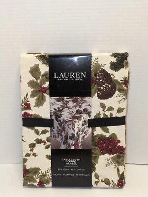 RALPH LAUREN 60" x 120" Holly Berry Tree Pine Cones Christmas Tablecloth NEW - Image 1 of 4