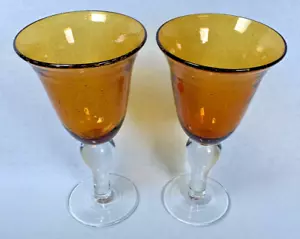 Set of (2) Artland Iris Wine Water Goblets Hand Blown Amber Seeded Bubble Glass - Picture 1 of 6