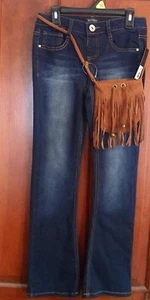 Girls DARK BLUE SQUEEZE BRAND JEANS & Hip Bag BOOTCUT Skinny Stretch PREFADED 10 - Picture 1 of 2