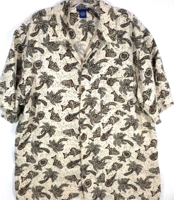 Alta Sierra-Camisa Hawaiana Hombre-Grande-Beige-Patrón Pez! Lino-Casual Abotonado Foto 1 de 4