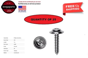 Trim Screws 10 X 1" Phillips Oval Loose Washer Head Sems Chrome Finish Qty (25) - Picture 1 of 1