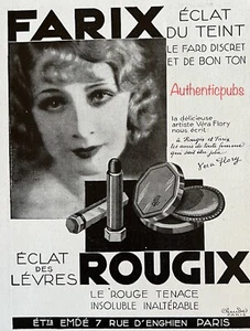 REKLAME ROUGIX LIPPENSTIFT FARIX SPIELANZUG VERA FLORY SCHAUSPIELERIN VON 1930 PUB - Bild 1 von 1