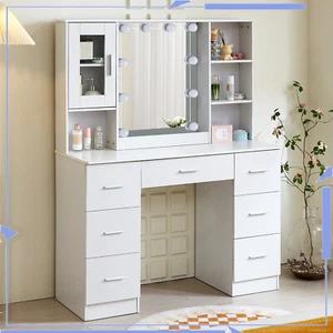 White Dresser Desk with Drawers & Shelves and 10 LED Bulbs Mirror 3 Light Colors - Picture 1 of 9
