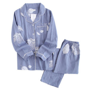 Korea Print Leaf Pajama Set Women 100% Gauze Cotton Long Sleeve Casual Sleepwear