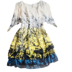 Vintage y2k abstract print silk chiffon midi dress blue yellow - Picture 1 of 6