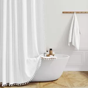 Extra Long Shower Curtain 72X84 Inch Long Boho Tassel Linen Fabric Thick Shower - Picture 1 of 7