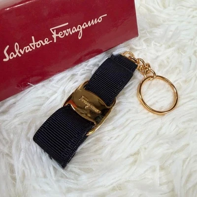 Salvatore Ferragamo Vara Ribbon Canvas Key Ring Charm Black Gold 22-3055 w/Box - Image 1 of 4