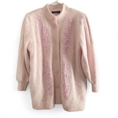 Cárdigan vintage años 80 Lee Sands mezcla angora rosa bordado y cuentas Foto 1 de 4