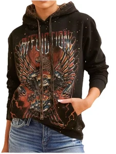 Affliction Hoodie Large Moto Totenkopf Flügel gebleicht abgenutzt Strass - Bild 1 von 11