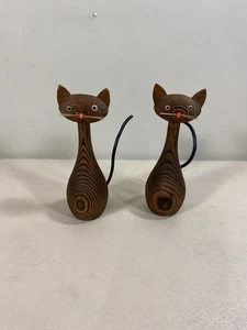 Paar Vintage Cryptomeria Made in Japan Holz geschnitzt Katze mit Glasaugen Figuren - Bild 1 von 6