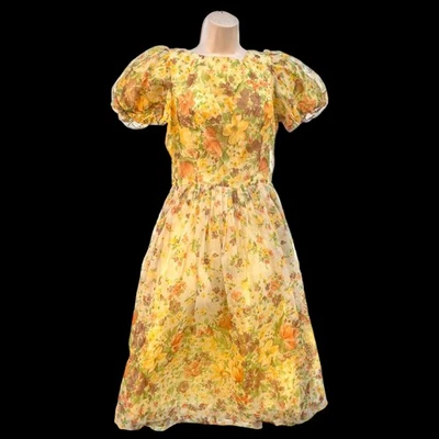 Vestido Sunny & Happy Amarillo y Naranja Años 70 Vintage Floral Gasa Mangas Abullonadas Foto 1 de 4