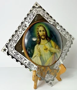 Vintage Sacred Heart Jesus CONVEX Glass Painted Mirror Wall Religious Decor 8" - Picture 1 of 17