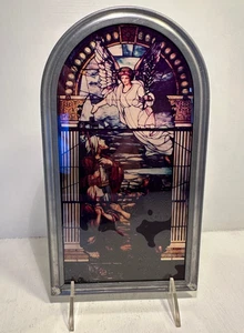 Vintage Pewter Framed Stained Glass Religious Angel Visitation Suncatcher Panel - Picture 1 of 5