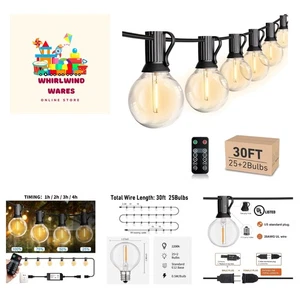 LED 30FT Outdoor String Lights with Remote Waterproof Patio Lights 27 Dimmabl... - Picture 1 of 8