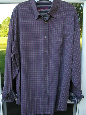 Bugatchi Uomo Men's Long Sleeve Rayon Flip Cuffs Purple Checks Casual Shirt XL - Image 1 of 4