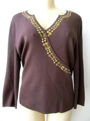 Embellished 3/4 Sleeve Top Cable&Gauge Brown Geometric Pullover Size L NEW - Imagem 1 de 4