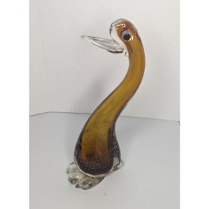 Amber Murano Hand Blown Glass Bird/Duck w/ Controlled Bullicante Body Sculpture