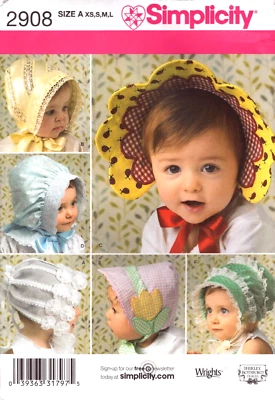 Simplicity 2908 ~ Baby Bonnets ~ Absolutely Darling Bonnets ~ Sizes A - XS-S-M-L - Image 1 of 4
