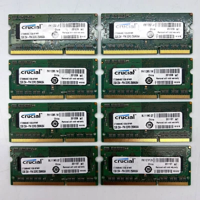 QTY: 8 Crucial 2GB PC3-10600 1Rx8 SO-DIMM RAM Computer Memory Bundle Tested - Image 1 of 4