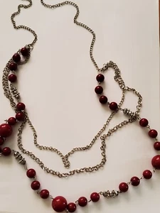 Red Beads On Long Silvertone Chains Necklace - Picture 1 of 8