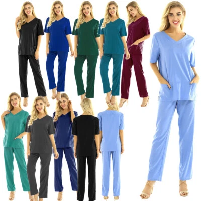 Mens Scrub Set Doctor Nurse Hospital Medical Uniform V-Neck Tops with Long Pants - Image 1 of 2
