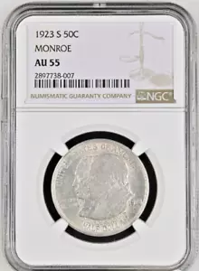 Moneda de medio dólar de plata Doctrina Monroe de Estados Unidos 1923 como nueva de San Francisco NGC AU-55 - Imagen 1 de 4