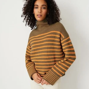 Ann Taylor Orange Brown Striped Mock Neck Crop Sweater M L XL - Picture 1 of 3