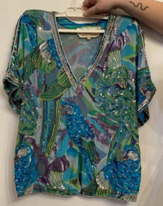 Vintage Lillie Rubin Embroidered Hand Beaded 2 Piece Set Bright Parrots Great - Picture 1 of 10