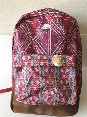 ROXY WORLD IS NEW RED/BLUE GEOMETRIC PRINT FAUX SUEDE SCHOOL BACKPACK/LAPTOP  NW - Image 1 of 4