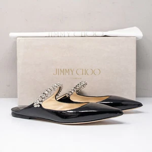 Jimmy Choo Bing Crystal Strap Black Patent Leather Flats, Size 7.5 US (37.5 EU) - Picture 1 of 10