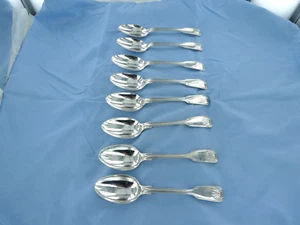 STERLING SILVER SET OF 8 FIDDLE THREAD & SHELL DESSERT SPOONS, SHEFFIELD 1904. - Picture 1 of 10