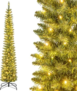 Albero Di Natale Slim 210 CM, Albero Di Natale Artificiale Con 200 Luci LED Bian - Foto 1 di 11