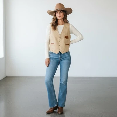 Vintage 1970’s SEARS Put-On Shop Colete Feminino Cáqui Médio Western Boho - Imagem 1 de 4