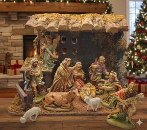 Vintage Nativity Set Manger Scene Creche Made in Italy Wood Stable - Picture 1 of 14