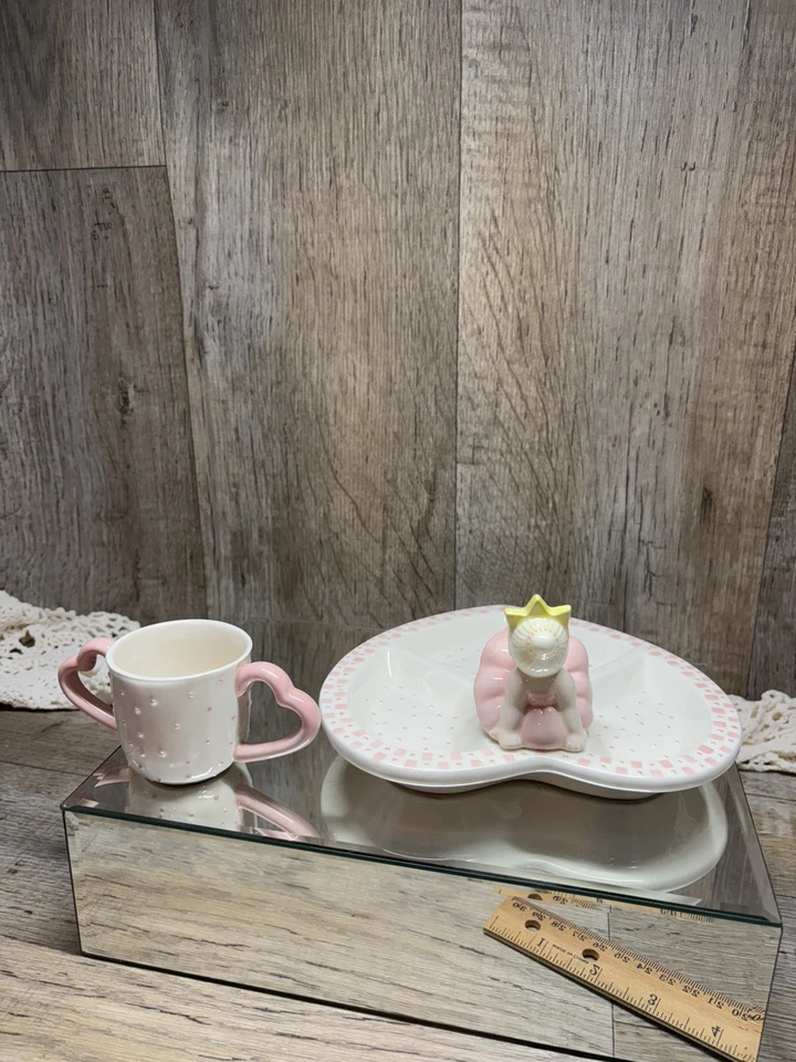 LINDO PASTEL DE BARRO PRINCESA CORONA ROSA Y BLANCO NIÑOS DIVIDIDO PLACA Y TAZA DE CERÁMICA  Foto 1 de 4