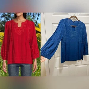 John Mark Womens Embroidered Top Blouse Tunic Size M 3/4 Ruffle Sleeve NWT - Picture 1 of 14