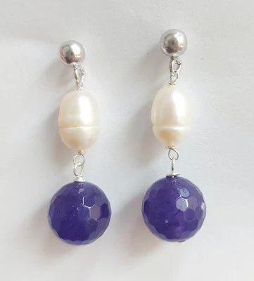 Orecchini in argento 925  con  perle di acqua dolce 10x7 mm e ametista da 11 mm - Immagine 1 di 4